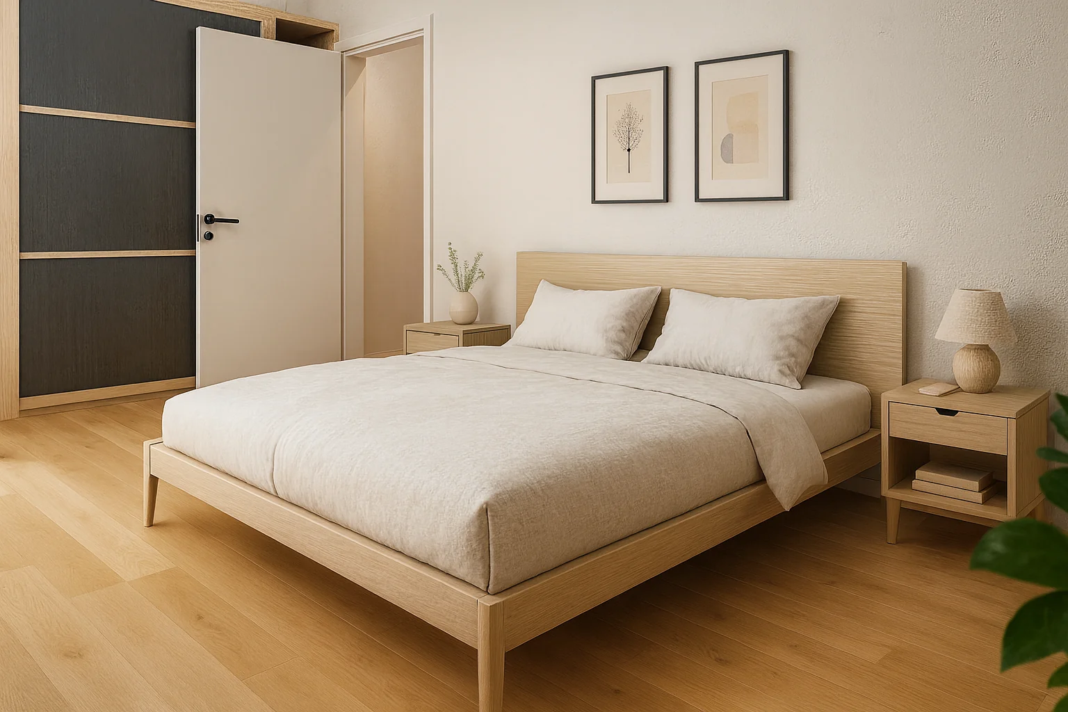 Helles Schlafzimmer mit Echtholzparkett und modernem Design